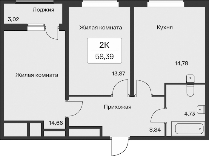 2-комнатная квартира 58.39 м², 11/11 эт., ЖК «Расцветай в Янино»